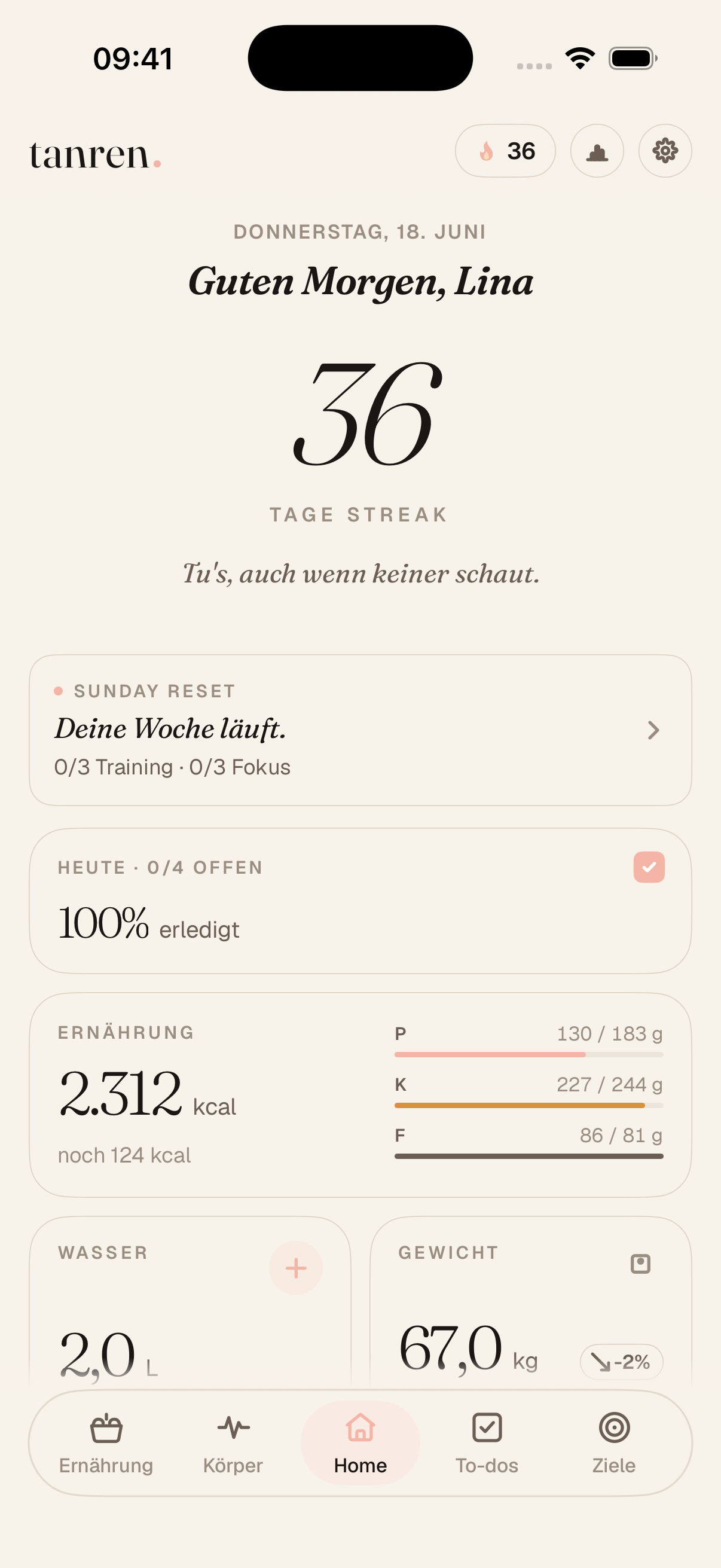 Tanren Home-Screen mit Streak, Sunday-Reset und Tagesübersicht