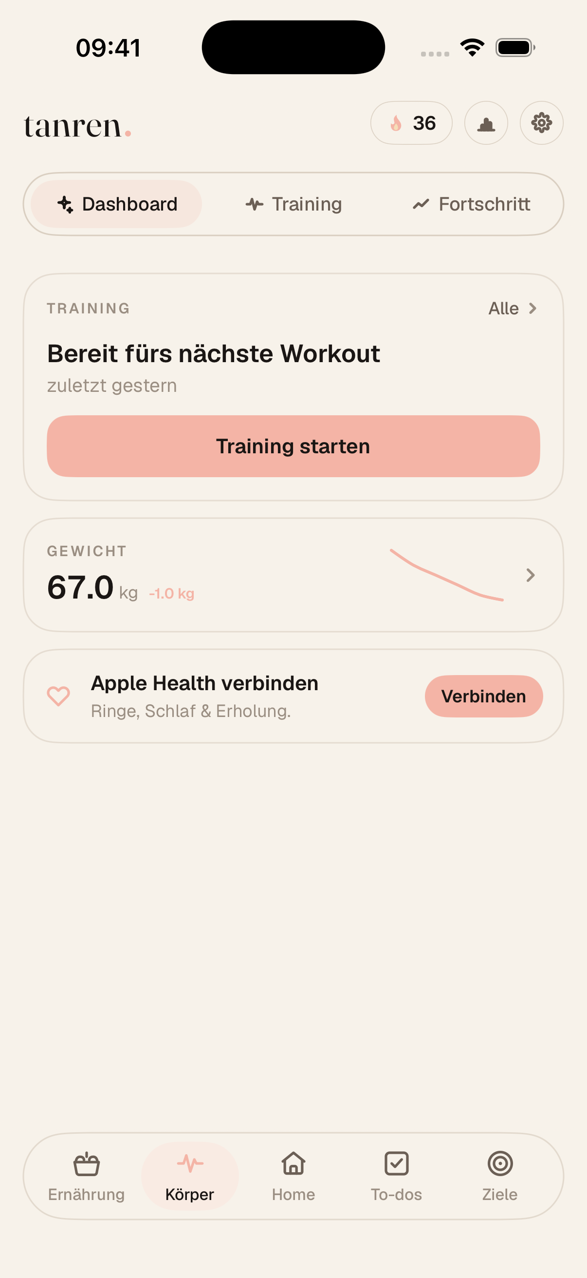Körper in Tanren: Trainingsplan, Sätze, Gewichtsverlauf und Apple Health