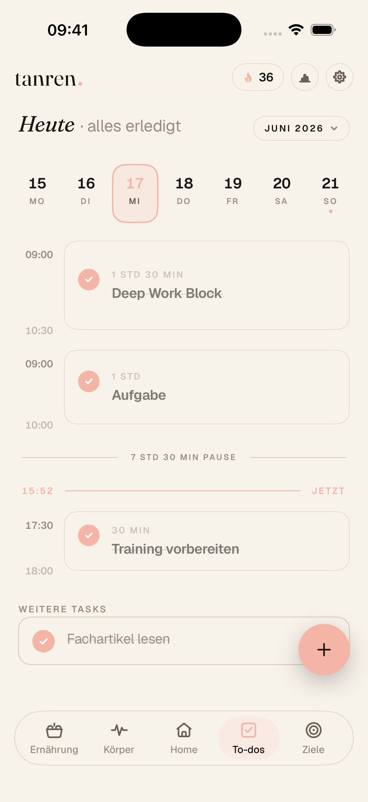 To-Dos in Tanren: Tagesplan nach Uhrzeit, Woche und wiederkehrende Aufgaben
