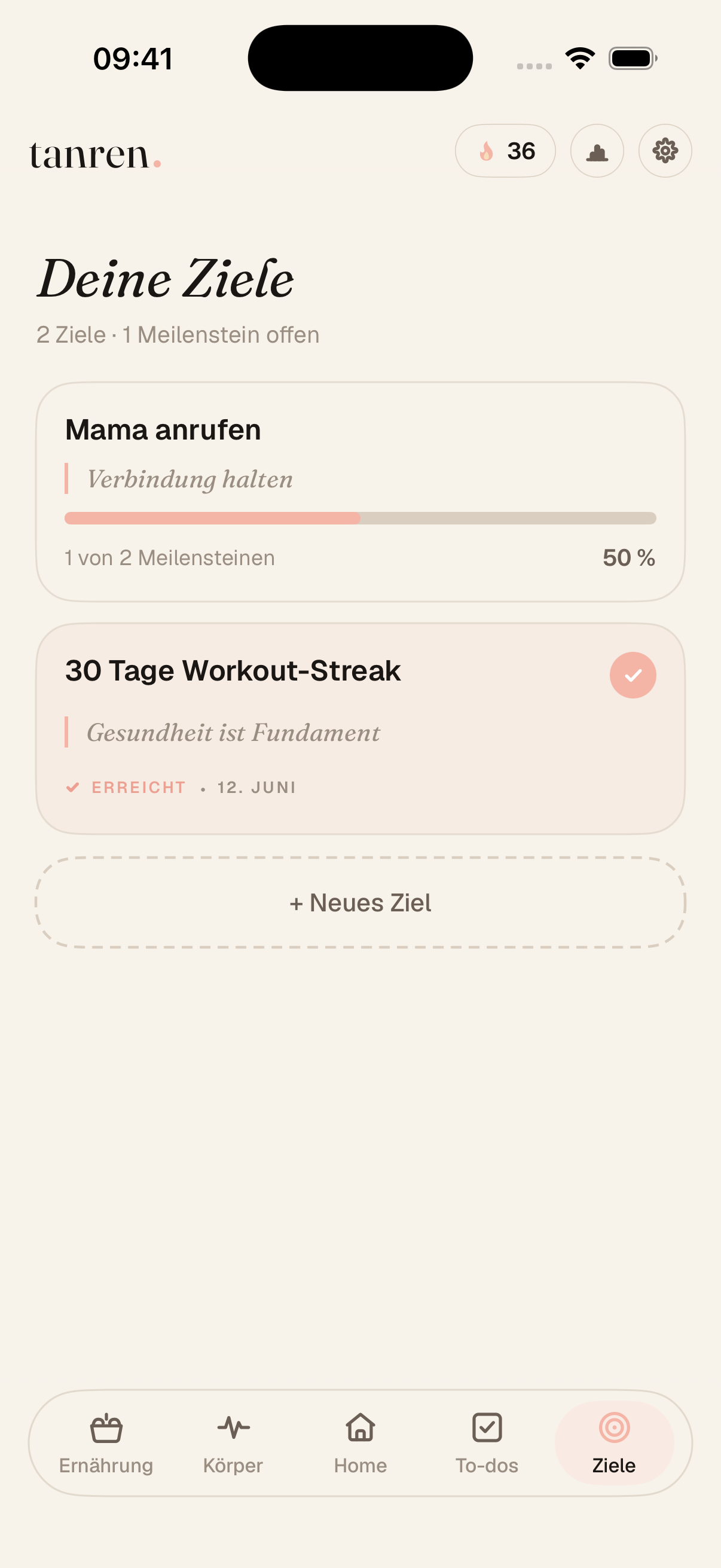 Ziele in Tanren: Meilensteine, Fortschritt über Wochen und Pomodoro-Fokus